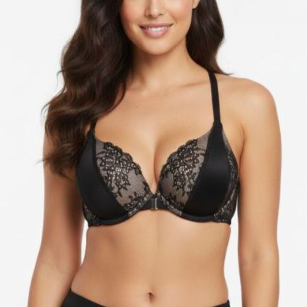 Victoria's Secret Black Satin Lace Plunge Front-Close Push-Up Underwire Bra 34A